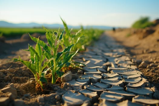 Young corn growing in dry environment. Generative AI