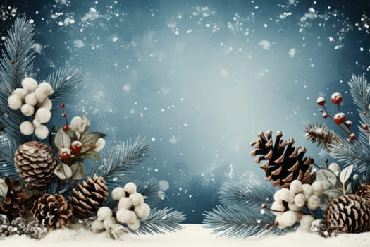 Christmas decoration with pine cones. Christmas background with space for text. Generative AI