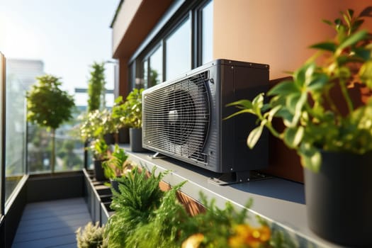 Air source heat pump installed in residential building. Generative AI