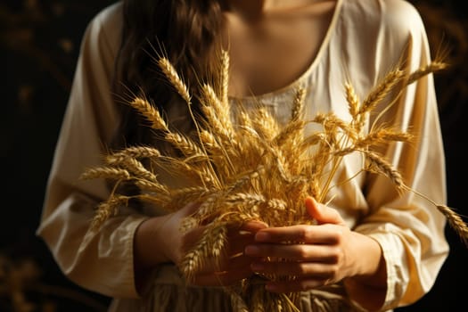 Woman holds an ear of golden wheat. Rural scene. Generative AI