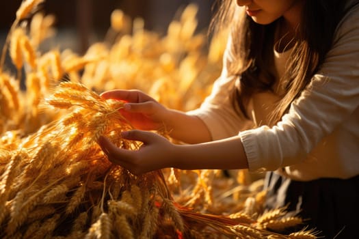 Woman holds an ear of golden wheat. Rural scene. Generative AI