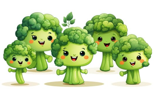 Cartoon broccoli with happy faces on a white background. Generative AI