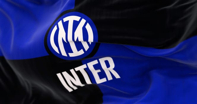 Milan, Italy, July 28 2023: The flag of Inter Football Club waving in the wind. Inter is a professional football club based in Milan, Italy. Illustrative editorial 3d illustration render