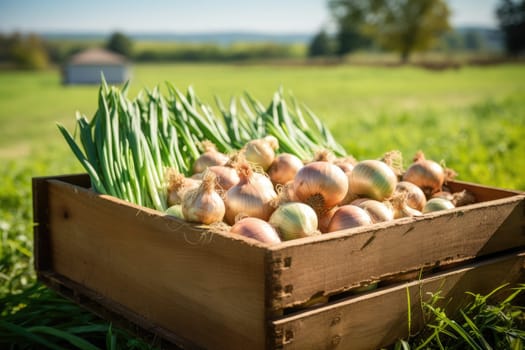 A wooden box full of onions on a green field. Generative AI