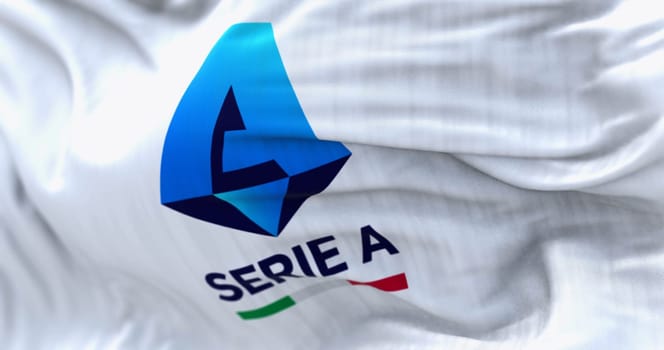 Rome, ITA, April 2023: Close-up of the Serie A TIM flag waving in the wind. Top division of the Italian men football league. Fabric textured background. Illustrative editorial 3d illustration render