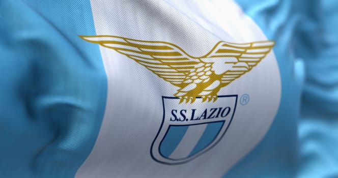 Rome, Italy, July 23 2023: Close-up of SS Lazio flag waving. Professional football club based in Rome. Illustrative editorial 3d illustration render. Selective focus. Rippled fabric background
