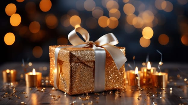 The focal point of the image, the gift exudes wonder and excitement, capturing the essence of the holiday spirit. The blurred backdrop adds a touch of magic, creating an atmosphere of anticipation and celebration. This captivating scene celebrates the joy of giving and the enchantment of the Christmas season.