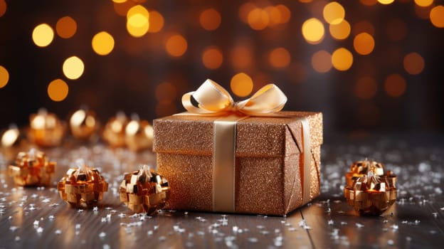 Amid the enchanting splendor of twinkling lights and holiday decorations, the gift stands as a delightful mystery, evoking feelings of excitement and anticipation. The blurred backdrop adds a touch of magic, accentuating the joyous atmosphere of the holiday season. This mesmerizing scene celebrates the essence of giving and the magic of Christmas.