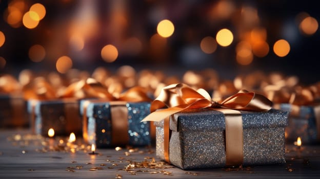 The soft glow of twinkling lights and the shimmer of festive decorations create an atmosphere of joy and magic. The gift, wrapped with care and adorned with a satin ribbon, evokes a sense of wonder and excitement. This captivating scene captures the essence of Christmas, celebrating the joy of giving and the beauty of the holiday season.