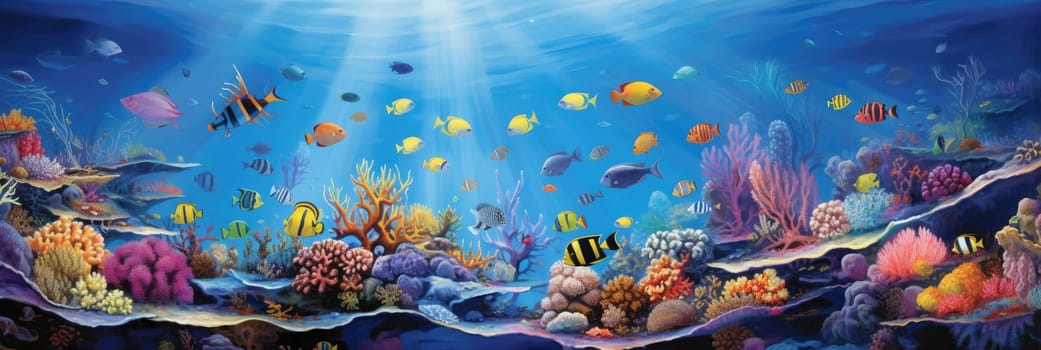 Breathtaking underwater scene with marine life, coral reef and colorful fish. Generative AI