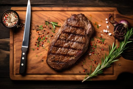 Grilled meat barbecue steak with garlic, salt and pepper on a rustic kitchen wooden cutting board with copy space. Generative AI
