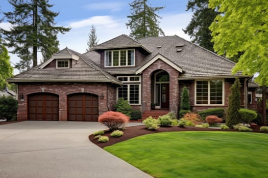 Luxury home exterior with brick and siding, double garage and large windows on facade. USA. Generative AI