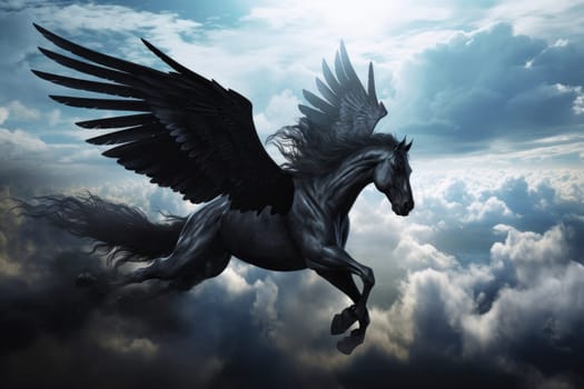 Majestic black horse with wings flying in the sky. Generative AI
