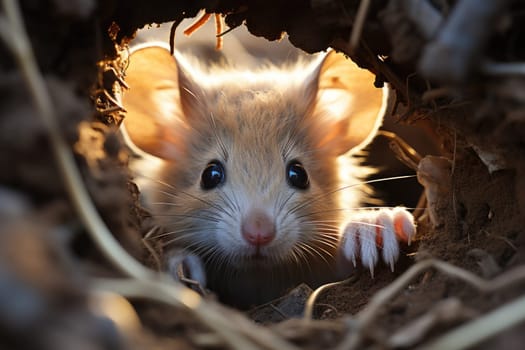 Mouse looks out of a hole, a rodent in a field. Generative AI