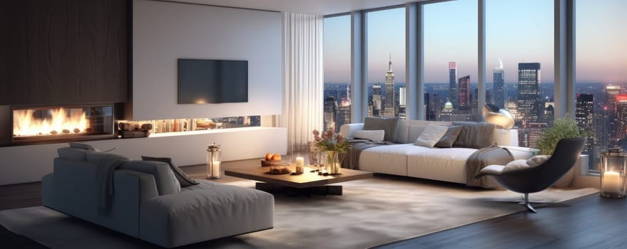 Modern living room decorated in white color and through the large windows you can see the city at night. Generative AI