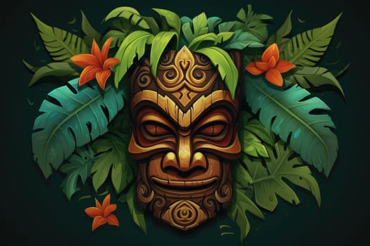 Illustration of a tropical Tiki mask. Symbol of a wild tribe in the jungle. Generative AI