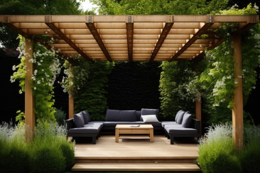 Wooden pergola for garden seating. Generative AI