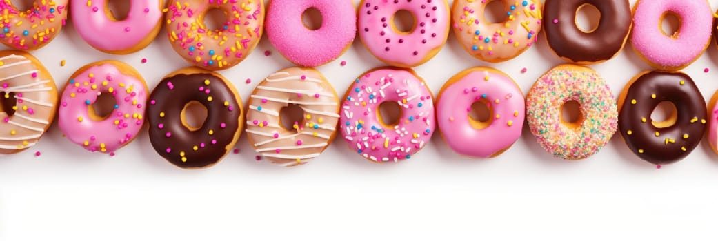 Top view of many colorful pink sweet delicious donuts. Generative AI