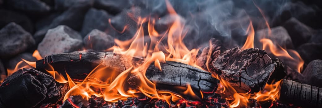 Close up of burning coals from a fire. Generative AI