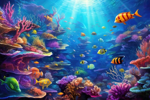Breathtaking underwater scene with marine life, coral reef and colorful fish. Generative AI