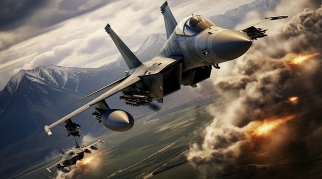Flying military fighter jet in combat. Generative AI