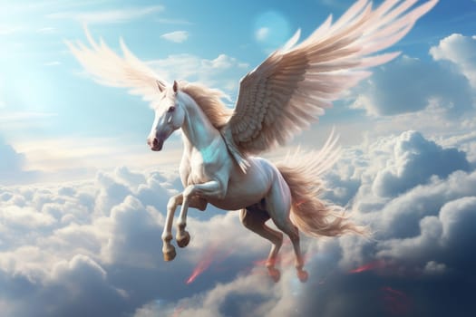 Majestic white horse with wings flying in the sky. Generative AI