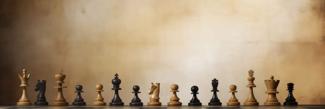 Checkerboard squares with chess pieces for backdrop. Generative AI