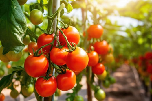 Fresh organic ripe tomatoes branch growing in greenhouse, digital ai.