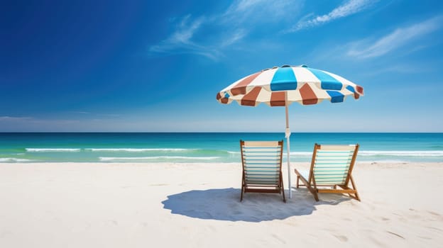 Beach chairs and umbrella on a white sandy beach. Generative AI
