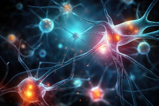 Close up view of neuron cells transmitting a signal. Generative AI