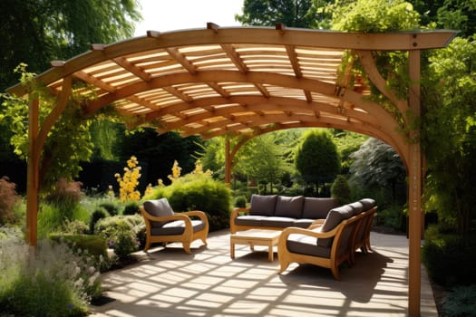 Wooden pergola for garden seating. Generative AI