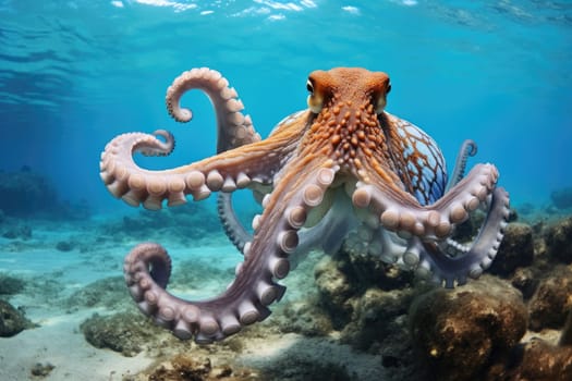 Octopus and coral reef in the sea. Generative AI