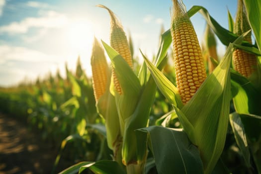 Corn cobs in agriculture field. Generative AI