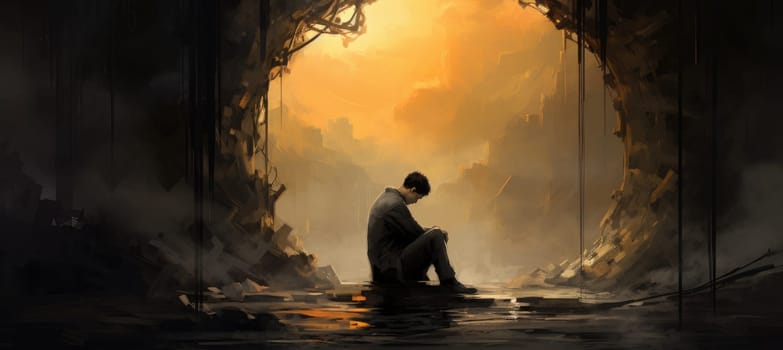 Illustration with a man with great psychological stress, anxiety and depression. Generative AI