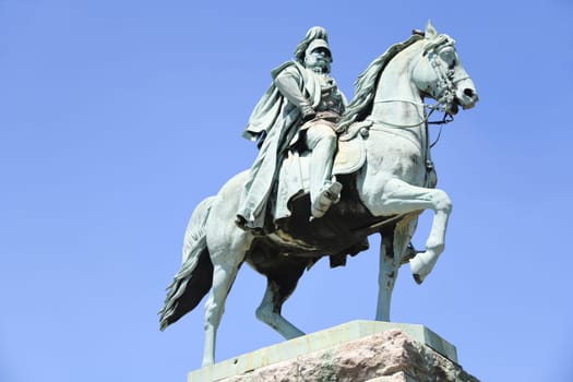 On the right bank of the Rhine near the Hohenzollern Bridge in Cologne stands the equestrian statue of Kaiser Wilhelm I (1797 - 1888). He became King of Prussia in 1861 and German Emperor in 1871. Created in 1864 by Friedrich Drake