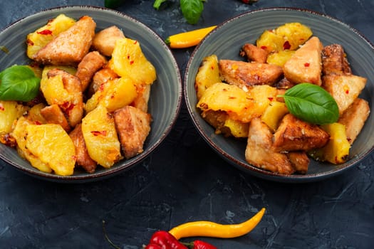 Tasty salad or tofu fried with pineapple. Traditional chinese dish