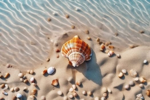 Shells on the sand and sea crystal water, generative ai