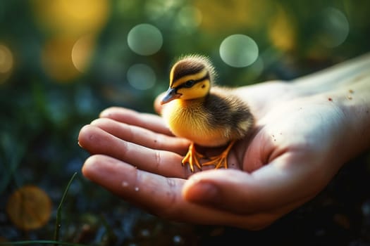 Small yellow duckling on a human hand, generative ai