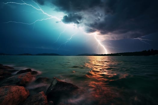Evening thunderstorm with dark clouds over sea coast, generative ai