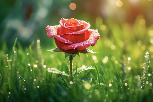 Red rose growing in the green grass and water drops, generative ai