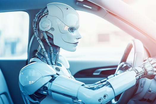 Humanoid white robot sitting in a car behind the steering wheel, generative ai