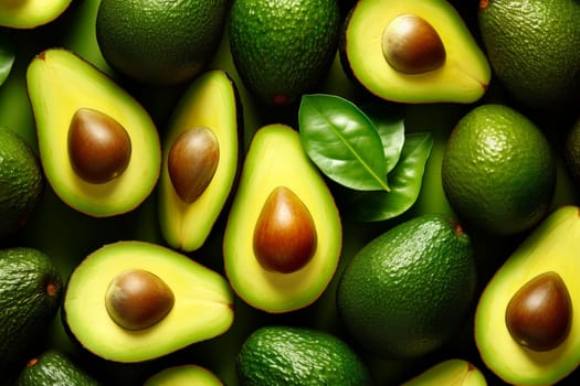 Avocado fruit lying in a group, top view, generative ai