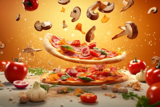 Pizza ingredients flying above the pizza on the kitchen table, generative ai