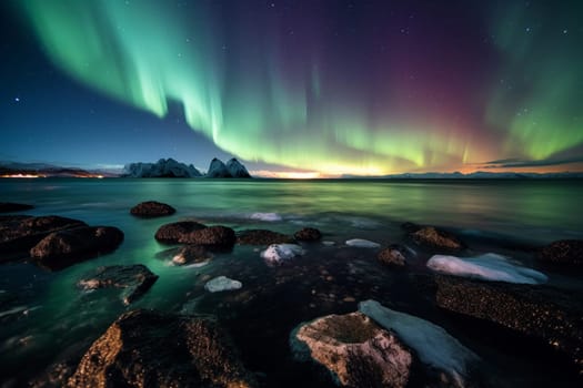 Aurora borealis over the seashore with wet big stones, generative ai