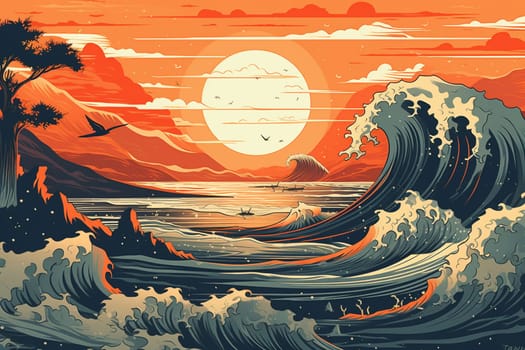 Red sunset and big waves in the style of old Japanese painting, generative ai