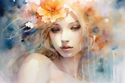 Portrait of a cute woman with flowers in her hair in a watercolor style, generative ai