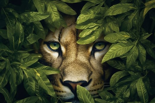 Puma head hidden in green leaves, generative ai