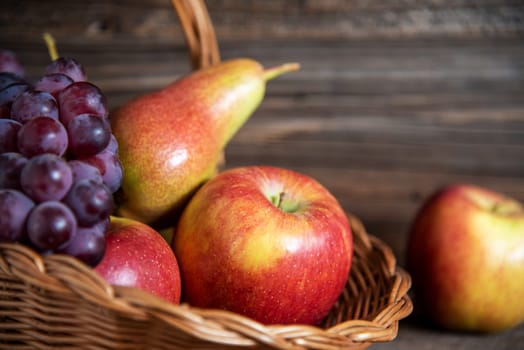 A Basket With Apples, Pearls, Grapes, Rustic and Autumnal Atmosphere, Thanksgiving Background