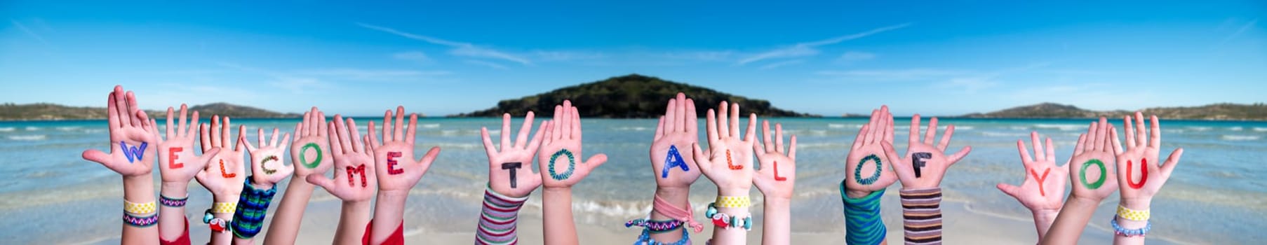 Children Hands Building Colorful English Word Welcome To All Of You. Summer Sea, Ocean And Beach Background