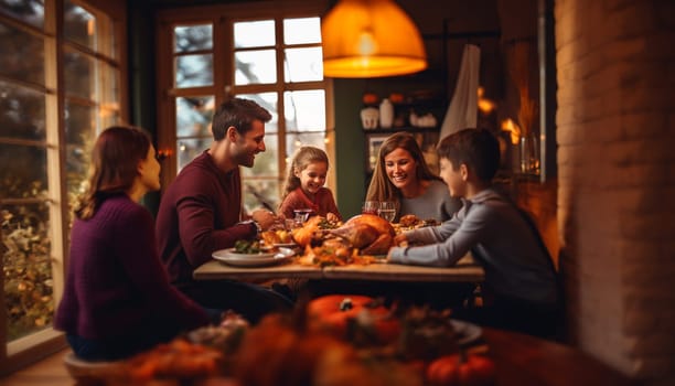 Full big happy smiling family having Thanksgiving celebration dining together at living room served table at home, evening. Five people gather for traditional holiday celebrating with roasted turkey